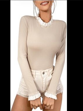 MAKEMECHIC Pearl accent beaded Frill Trim long sleeve Mick ribbed top blouse